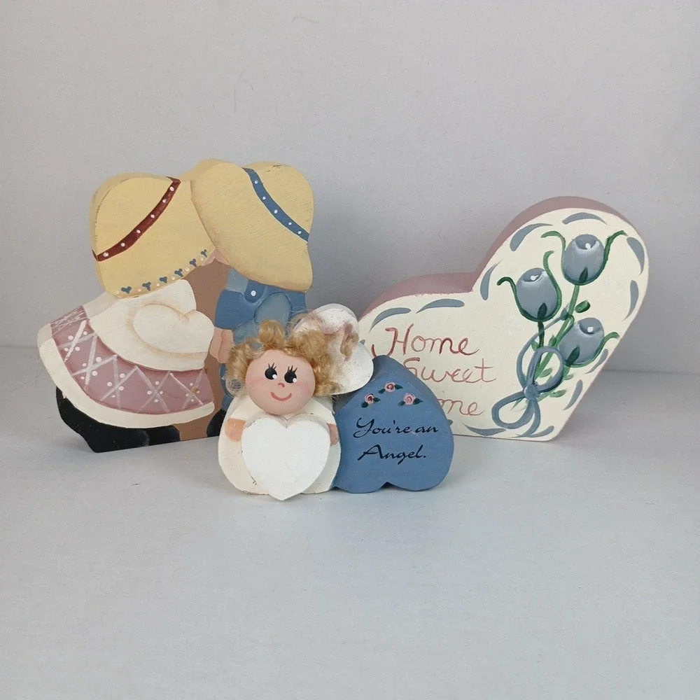 Hand Painted Wood Triple Heart Shelves Wall Mount 16.75